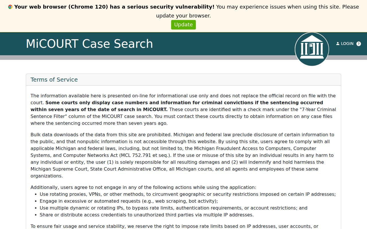 Muskegon County criminal court case search screen for 14th Circuit Court
