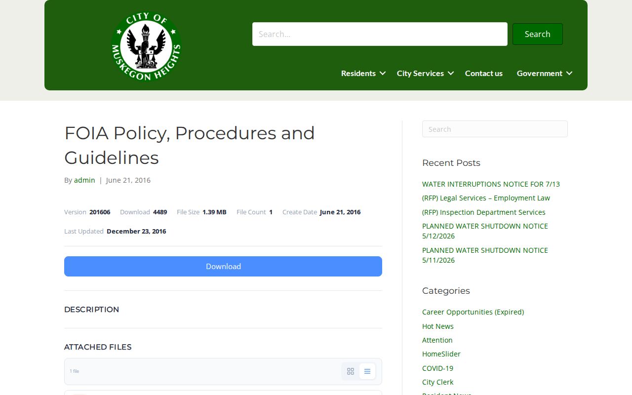 Muskegon Heights criminal records FOIA policy and procedures
