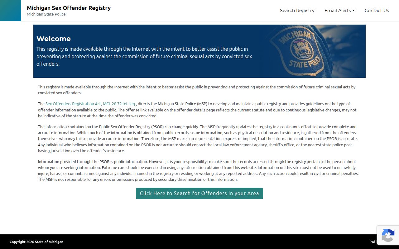 Muskegon County sex offender lookup on the Michigan PSOR search screen